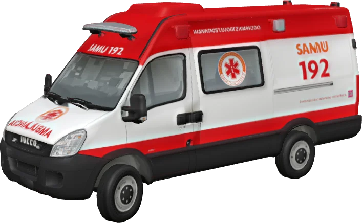 Ilustração em 3D de uma ambulância do SAMU, branca e vermelha, com o número 192.