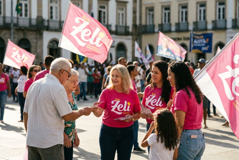 Dra. Zeli cumprimenta um morador em uma praça cheia de bandeiras rosa da campanha.