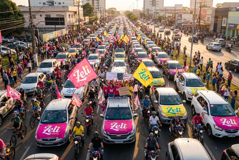 Carreata com dezenas de carros e motos com bandeiras rosa e amarelas da Dra. Zeli, vista do alto.