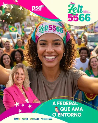 Exemplo: apoiadora com a bandana da campanha em uma carreata, dentro da moldura de feed da Dra. Zeli 5566.